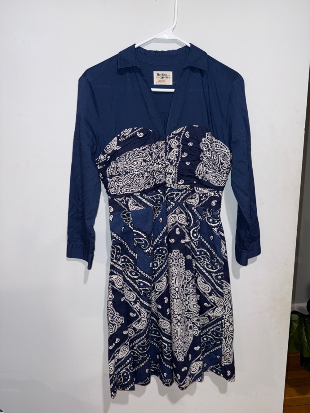 HOLDING HORSES Navy and White Paisley Long-Sleeve Fit & Flare Dress